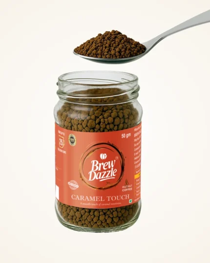 Caramel Touch Brew Dazzle | 50 gm Coffee Jar | Premium 100% Arabica Instant Flavored Coffee Granules | 100% Pure Arabica | Smooth & Rich Instant Coffee